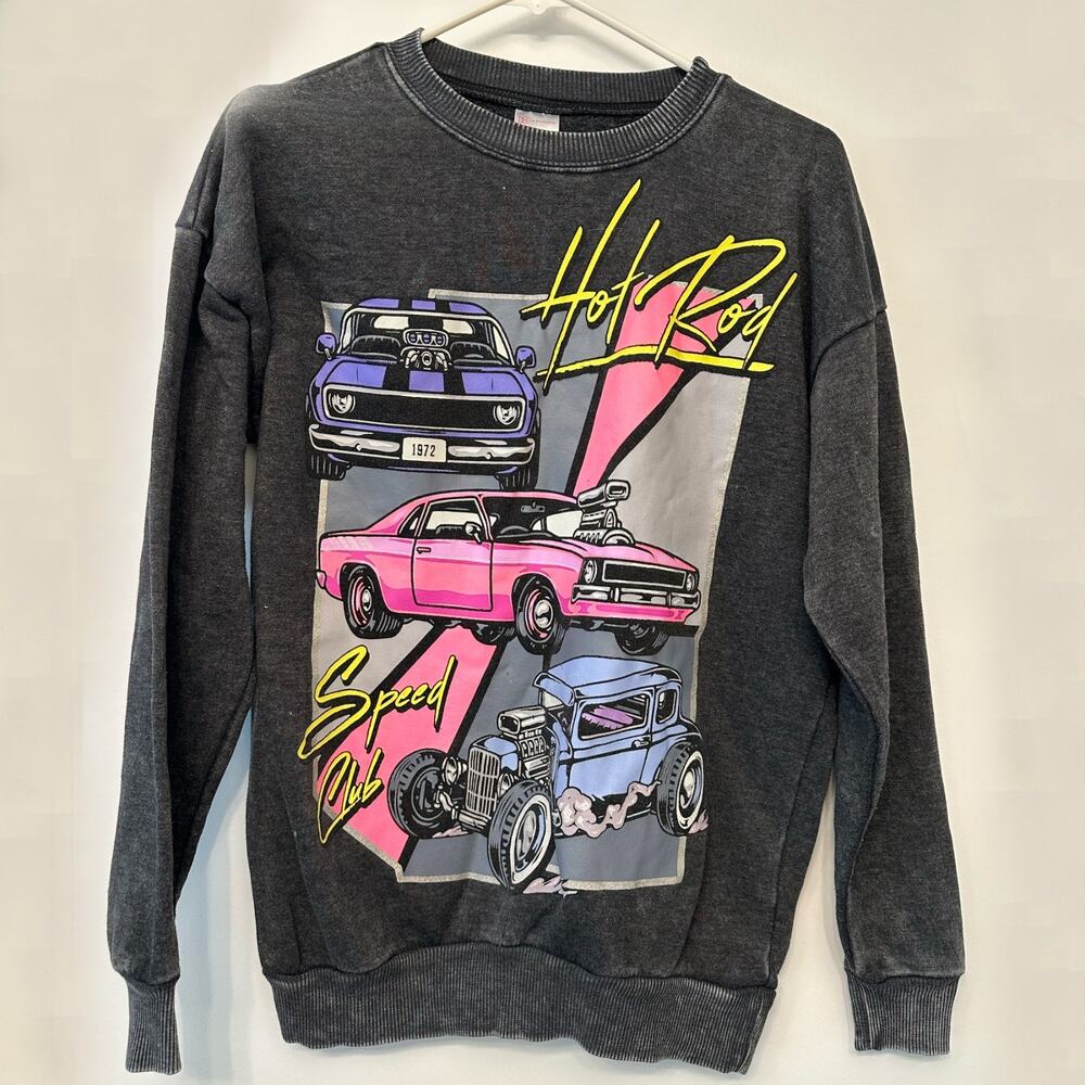 Vintage Style Hot Rod Speed Club Graphic Sweatshirt Gray Crewneck Retro Car Pull